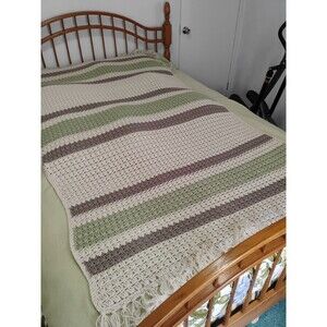 Large Afghan 80" X 50" Crochet Afghan Sage Cream & Brown